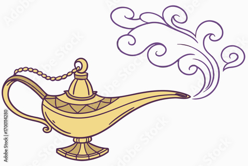 Magical genie lamp releasing swirling smoke
