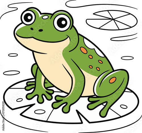 Adorable cartoon green frog perched on a round lily pad with water ripples cute amphibian