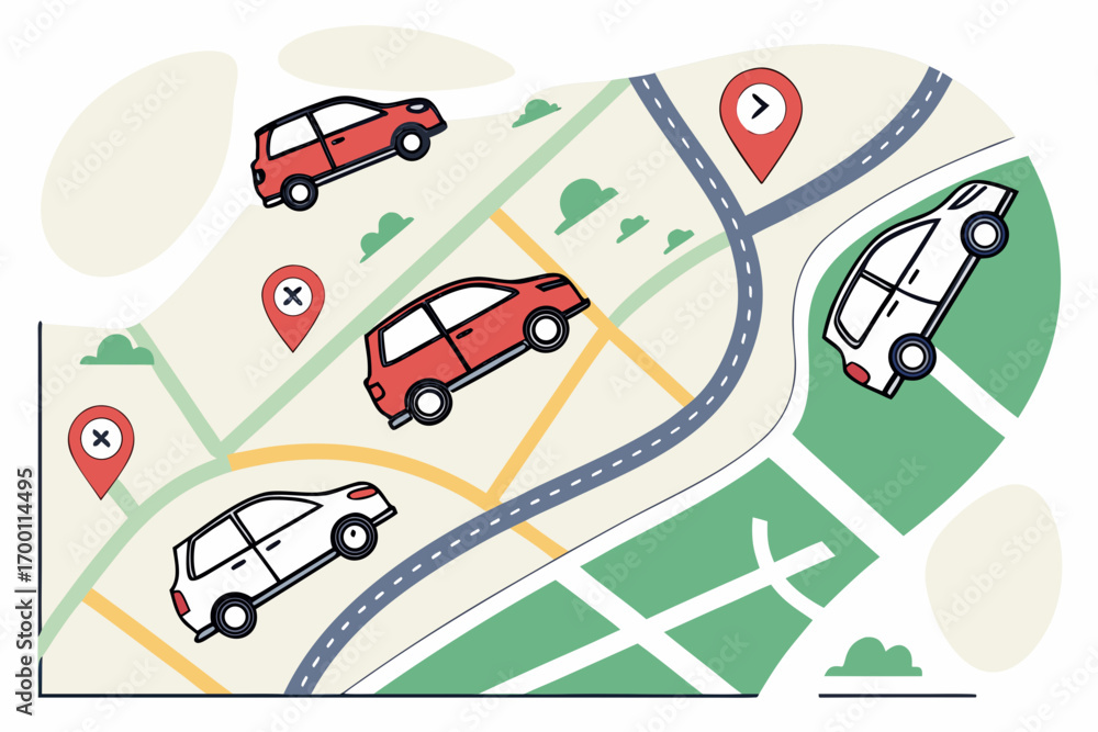 Naklejka premium Cars navigating a stylized city map with location pins
