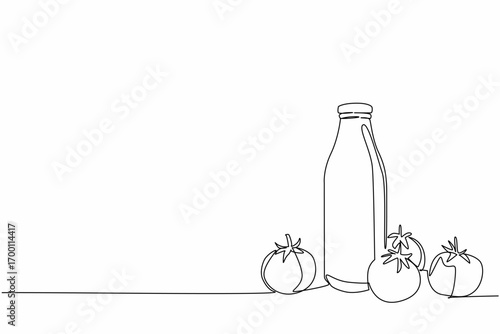 Continuous line drawing of tomatoes with a glass bottle of tomato juice, highlighting nutrition and wellness in food and health concept for World Tomato Day.