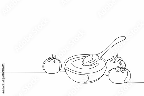 Continuous line drawing of fresh tomatoes arranged in a bowl with tomato ketchup, symbolizing health concept and nature concept for World Tomato Day celebration.