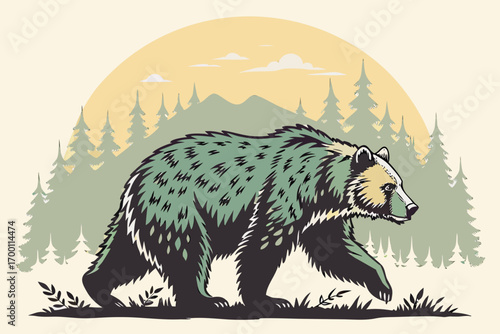 Stylized bear walking through a pine forest at sunset