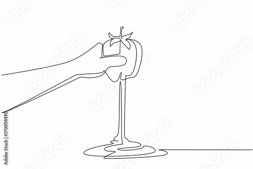 Continuous line drawing of a hand squeezing a tomato with juice pouring out, symbolizing farming, nutrition, and health concept for World Tomato Day event celebration.