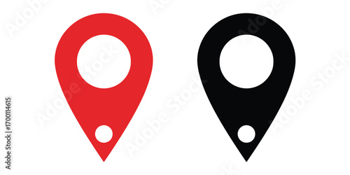 Two location pin icons, one red and one gray, isolated on white background perfect for maps, navigation, and travelrelated designs with a clean, modern look