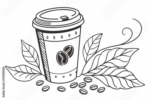 Hand drawn coffee cup with beans and leaves illustration