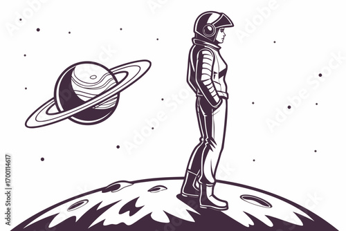 Astronaut standing on a moon with saturn in the background