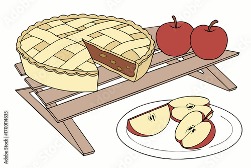 Delicious apple pie and fresh apples on a picnic table