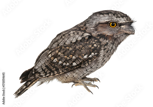 Captivating portrait of a tawny frogmouth bird showcasing its unique plumage and distinctive features against a pristine white background, highlighting its nocturnal beauty.
