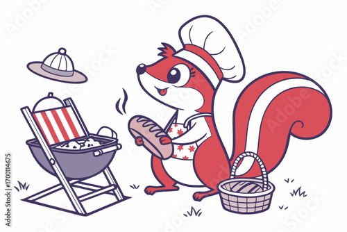 Cute squirrel chef grilling food outdoors with bread and basket