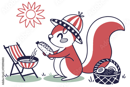 Cute squirrel enjoys a patriotic barbecue on a sunny day