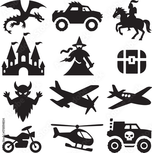 Fantasy and Transportation Icons Dragon Car Knight Castle Wizard Treasure Chest Monster Airplane
