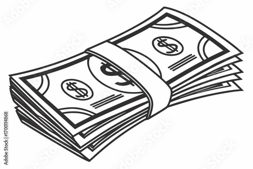 Black and white illustration of a stack of money tied with a band