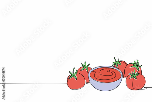 Continuous line drawing food concept celebrating National Ketchup Day with a bowl of rich red tomato ketchup surrounded by fresh ripe tomatoes, symbolizing taste, freshness, and joy.