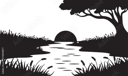Silhouette of a River Landscape with Trees and Reeds at Sunset or Sunrise