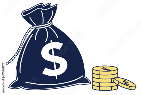 Dark blue money bag with dollar sign and stack of coins