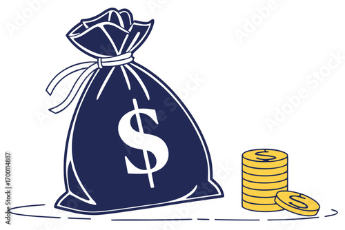 Money bag with dollar sign and stack of coins