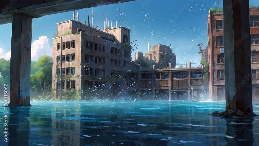 Obraz premium ゲーム背景 温暖化で水没から衰退した街並みの未来遺跡風景