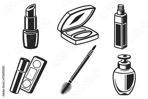 Collection of black and white makeup and beauty product icons