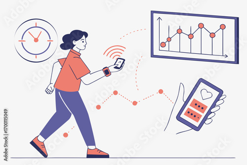 Woman tracking fitness data with wearable technology and smartphone app