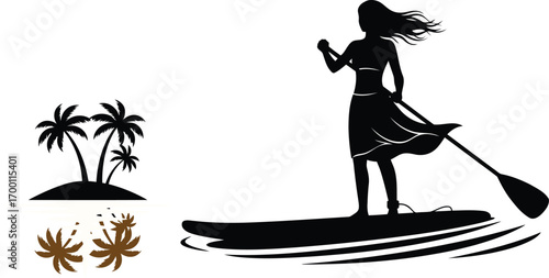 Silhouette of a woman paddleboarding on calm water near a tropical island paradise scene