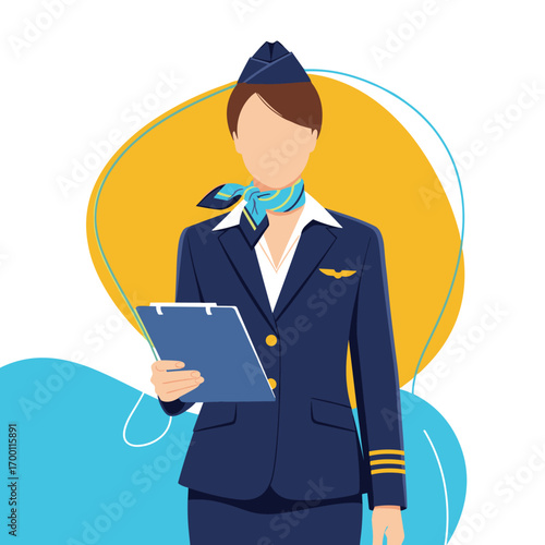 An airline flight attendant in a stylish uniform holding a document in her hand ready for service
