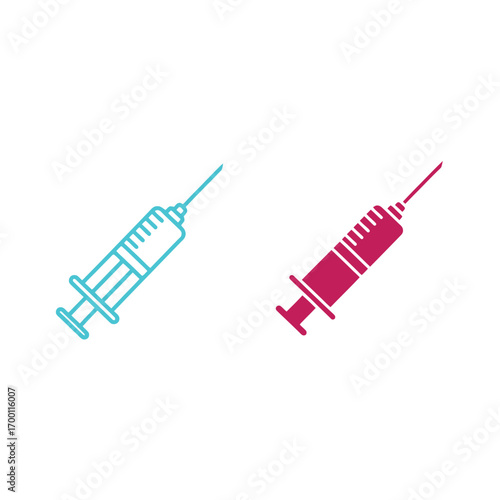 Two stylized medical syringes, one blue outline and one solid red, representing healthcare and vaccination.
