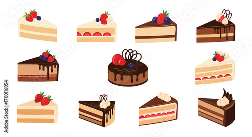 A decadent assortment of sliced cakes and a whole chocolate cake