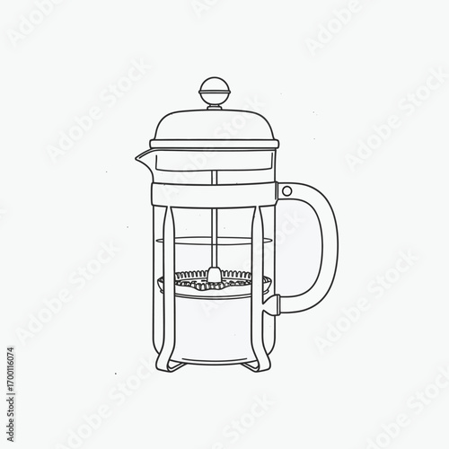 Detailed line art illustration of a classic French press coffee maker with its plunger and handle.