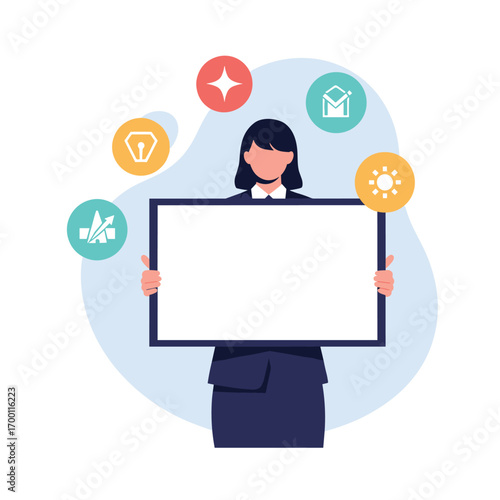 Business woman holding a blank board surrounded by various icons representing success growth ideas opportunity and innovation
