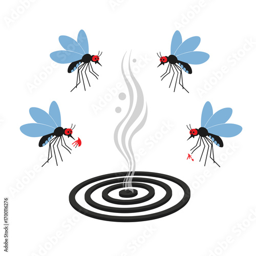Mosquito repellent incense coil emits smoke to protect people from insect bites outdoors at night