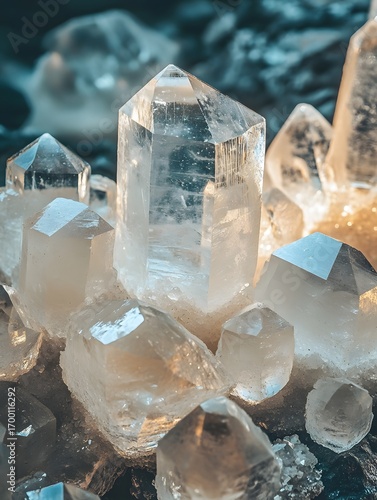 Close up view of clear and cloudy quartz crystal clusters with sharp facets and subtle lighting