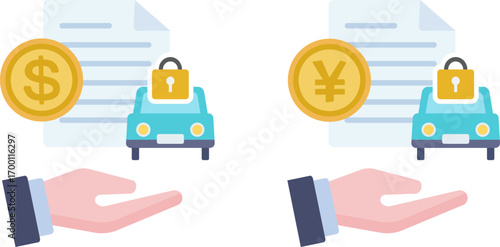 日本円とドルの自動車担保のイラスト