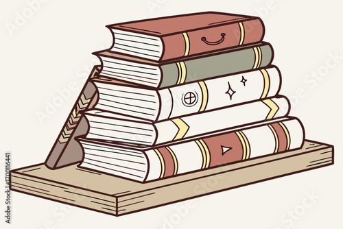Stack of decorative books on a wooden shelf