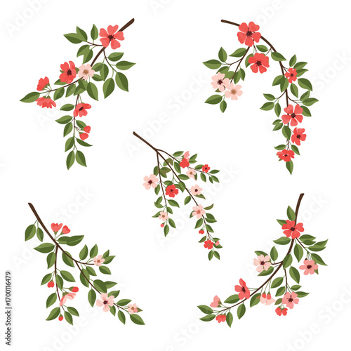 Beautiful sprigs of delicate blossoms adorned with lush green leaves create elegant floral arrangements