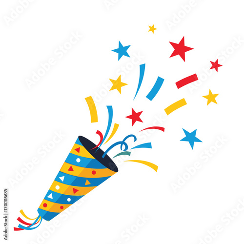 Exploding party popper releasing colorful confetti and stars announcing celebration and joyful festive occasion