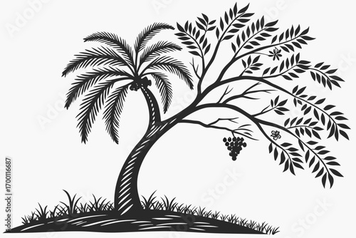 Silhouette of a curved tree with palm fronds and grapes