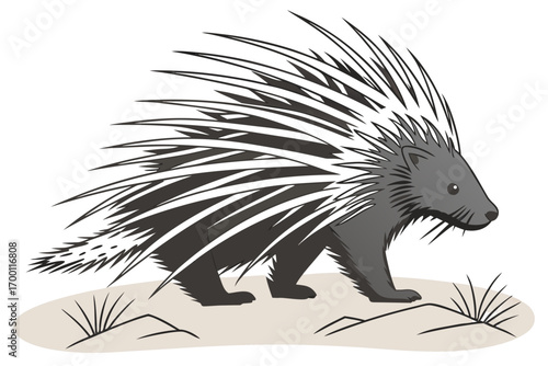 Cartoon porcupine with spiky quills standing on sandy ground