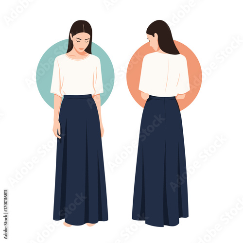 Elegant women's outfit featuring a flowy maxi skirt and classic blouse for versatile styling