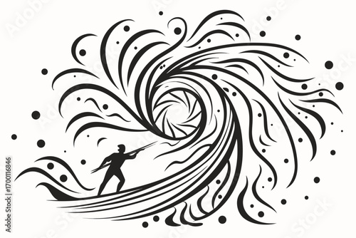 Man surfing a swirling vortex of energy and light