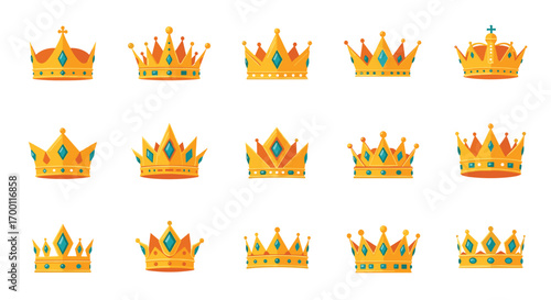 A collection of royal golden crowns adorned with precious green jewels representing power and authority