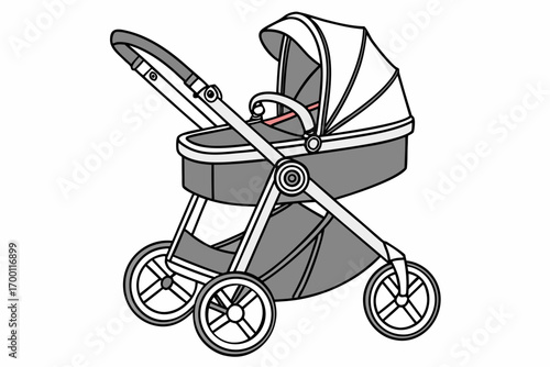 Modern gray baby pram with canopy and wheels
