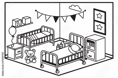 Nursery room with two cribs and baby items