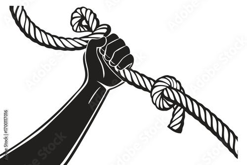 Hand gripping tightly onto a thick rope with a knot