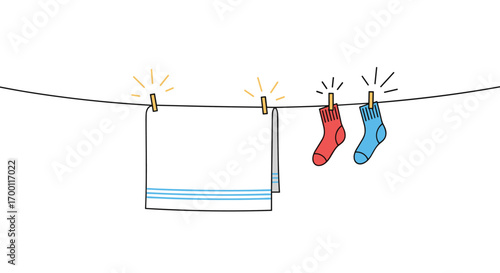 Creative illustration of socks drying on a clothesline with gentle sunlight and a frame for text