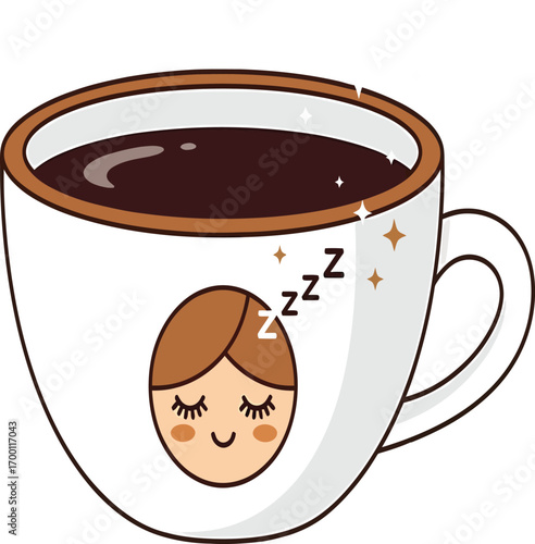 vector, illustration, a cup with coffee and a cute icon sleeping, poster, background