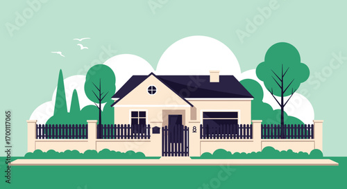 Charming suburban house with a white fence and lush green trees under a bright blue sky on a sunny day