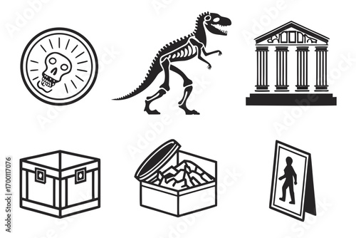 Museum icons dinosaur skeleton building skull and artifacts