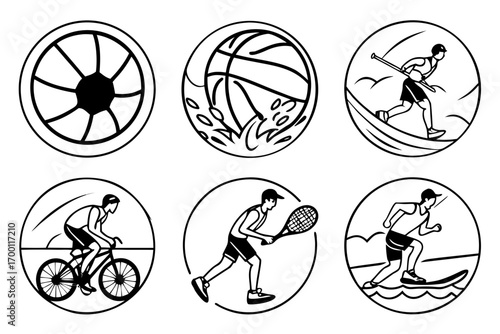 Circular sports icons featuring athletes and equipment