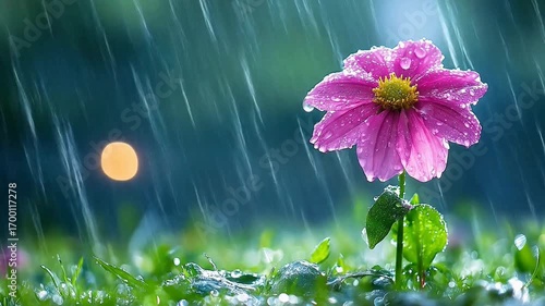 Vibrant pink flower thrives in gentle rain shower, showcasing nature's resilience and beauty.