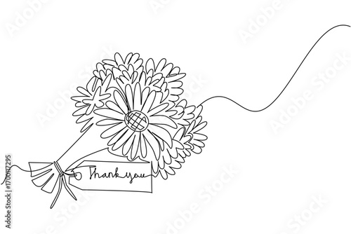 A continuous line drawing of a daisy bouquet with a thank you note tag paper, expressing a nature concept of beauty and appreciation, symbolizing gratitude for Thank You Day celebrations worldwide.